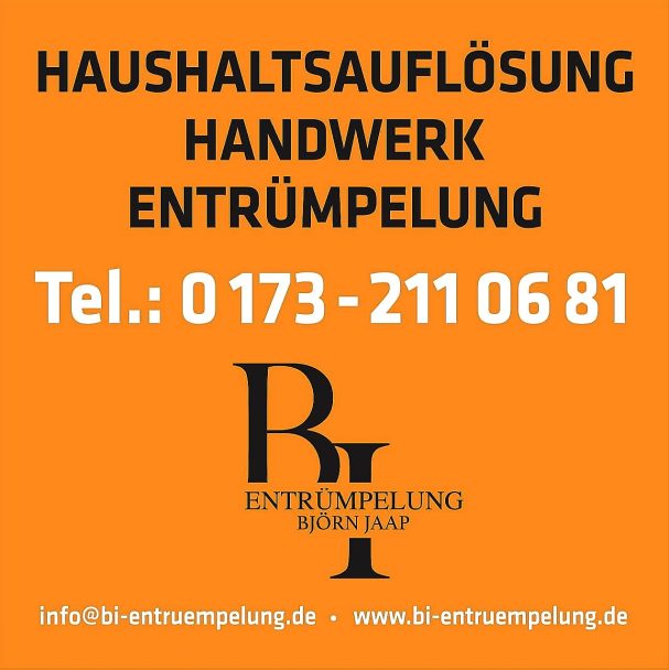 Schwarzer Text auf orangefarbenem Hintergrund: Haushaltsauflösung, Handwerk, Entrümpelung, Kontakt.