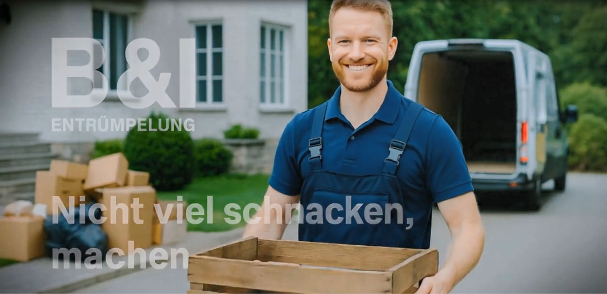 Lächelnder Mann trägt eine Kiste vor einem B&I Transporter und Umzugskartons.