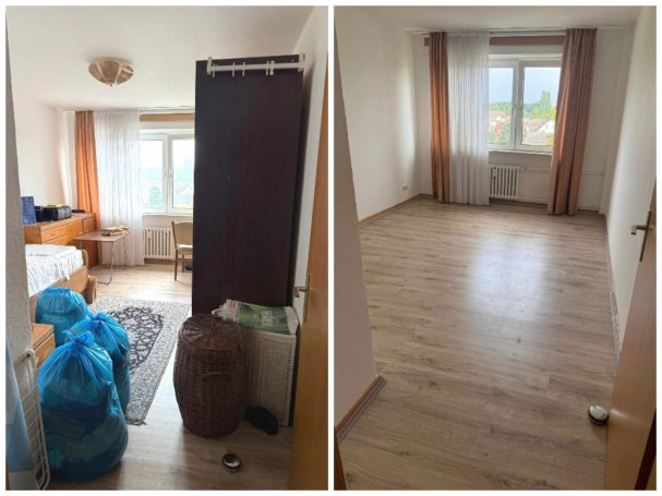 Ein Zimmer mit hellen Wänden, Holzfußboden und Fenster mit Vorhängen.